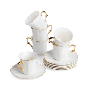 Tasses à café en porcelaine de luxe blanches avec bordure dorée, pour cappuccino, boissons spéciales, latte, café, mocha, thé, expresso, avec soucoupes - Product Image 1