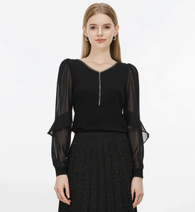 Maglione Elegante da <span class=keywords><strong>Donna</strong></span> a Maniche Lunghe in <span class=keywords><strong>Maglia</strong></span> Trasparente con Scollo a V e Bordi a Contrasto, Prezzo di Fabbrica - Product Image 1