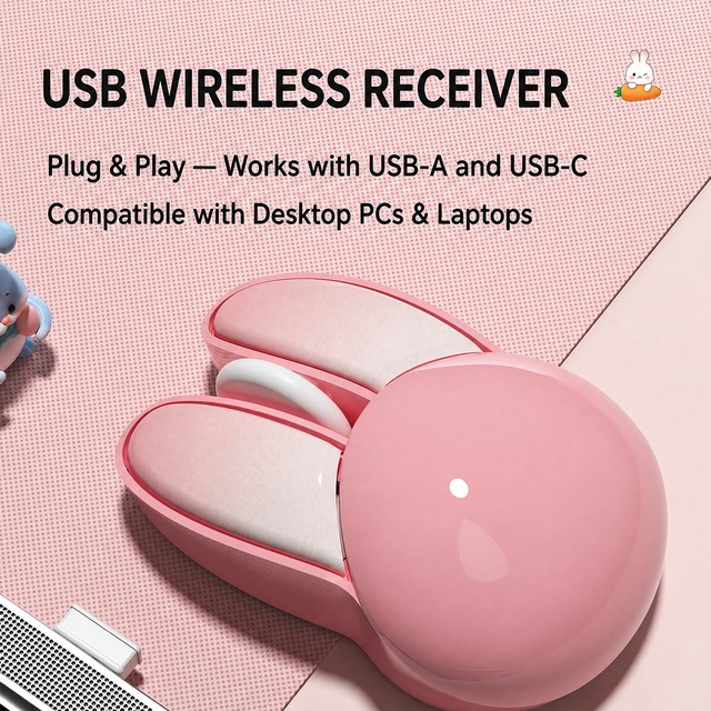 M6 Bunny Wireless Mouse 2.4G USB Receiver Silent Click 3 Keys 1200 DPI Macaron Colors for Women Girls Office Home