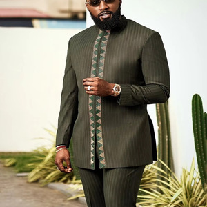 Ensemble Dashiki africain pour <span class=keywords><strong>homme</strong></span>, 2 pièces, chemise et pantalon en polyester brodés or, pour <span class=keywords><strong>tenue</strong></span> d'été, printemps, automne - Product Image 3