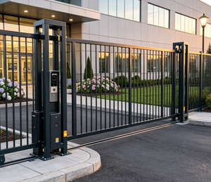 Porte coulissante automatique en <span class=keywords><strong>m</strong></span>étal à barres verticales, porte de sécurité électrique avec kit moteur pour usine, entrepôt, parc industriel - Product Image 1