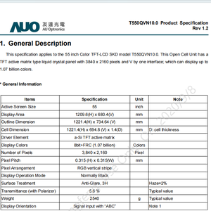 หน้าจอทีวี LCD AUO 55 นิ้ว รุ่น T550QVN10.0 ความละเอียด 4K สำหรับสมาร์ททีวี - Product Image 2