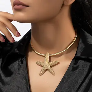 Aksesori perhiasan wanita, set anting kalung Choker bintang laut besar logam Boho sederhana