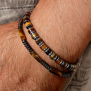 Bracciali Elastici da Uomo in Pietra Naturale all'Ingrosso: Occhio di Tigre e Ematite Stile Bohemien (Set da 2 Pezzi) - Product Image 1