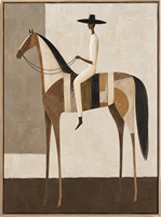 Peinture sur toile géométrique style américain vintage, cavalier, beige neutre, marron, art mural pour hôtel, villa, club équestre, décoration