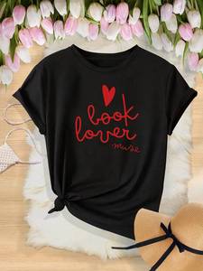 T-shirt Muse Book Lover da donna, nera, girocollo, manica corta, vestibilità ampia, dettaglio a cuore stampato, cotone, abbigliamento casual, tutte le stagioni - Product Image 3