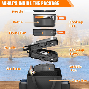 Réchaud de camping pliable à double brûleur réglable avec plaque chauffante, réchaud de camping portable au propane, sac de transport, poêle à frire, bouilloire, marmite - Product Image 2