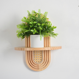Estantes flotantes bohemios de arco arcoíris de pared de madera y ratán para soporte de plantas - Product Image 5