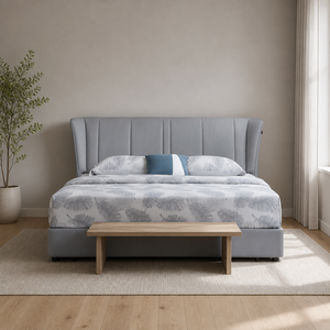 เตียงหุ้มผ้าหัวเตียงโค้งมนบุนวมแบบ Channel Tufted ฐานเตียงเตี้ยสีเทา ผ้าหุ้มสีเทา สำหรับห้องนอนใหญ่หรือโรงแรม - Product Image 2
