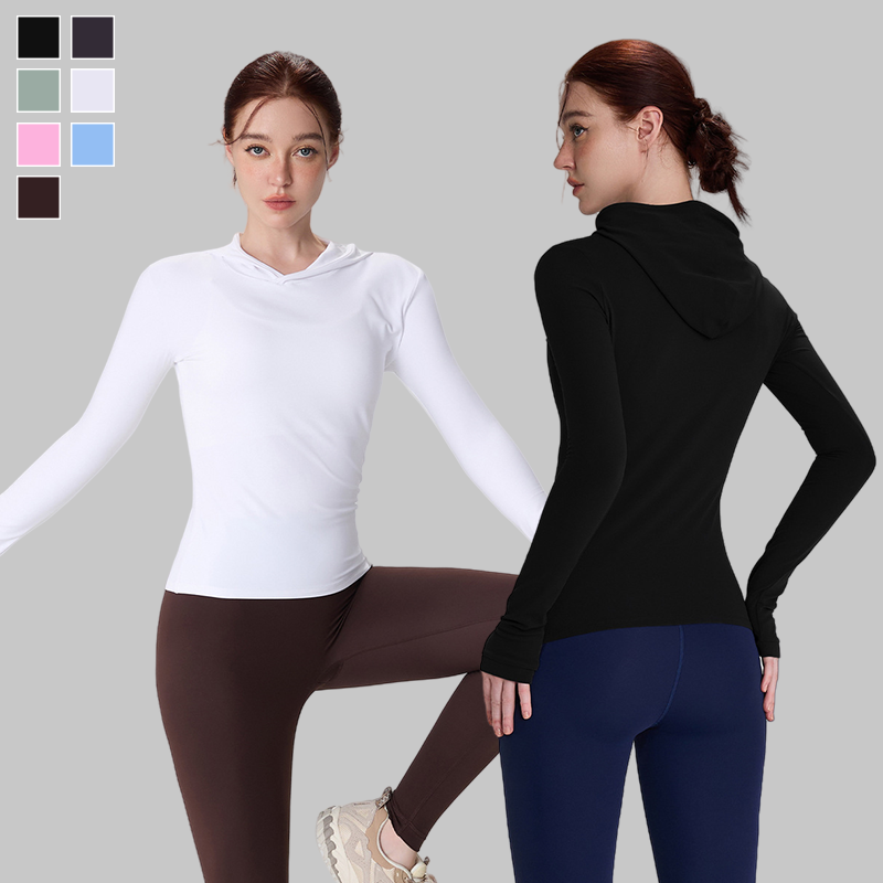 Custom Logo Breathable Thumb Hole Running Workout Tops Long Sleeve Gym Fitness T Shirt Hooded Yoga Shirts for Women