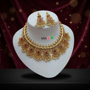 South Indian Antique Matte Gold Plated Choker <b>Necklace</b> <b>Ruby</b> set Gemstone Oval <b>Necklace</b> with Pearl Clusters and Matching earring - Product Image 2