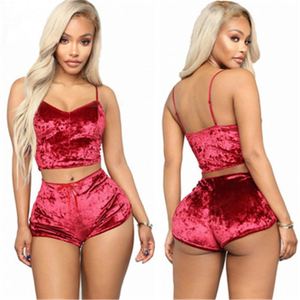 New Fashion Women Sexy 2Pcs Velvet <b>Pajama</b> Sets Ladies Lace V-Neck Crop Tops Shorts Sleepwear Lingerie <b>Pajamas</b> Sets - Product Image 2