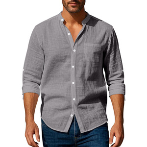Bán Buôn Thoáng Khí Camisas De Lino Hombre Nút Màu Rắn Xuống Dài Tay Áo Linen Áo Sơ Mi Nam Quần Áo - Product Image 5