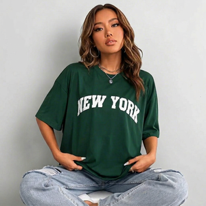 Camiseta Casual de Mujer, Cuello Redondo, Manga Corta, Corte Holgado, Color Verde, Tejido de Punto, Color Sólido, para Todas las Temporadas, Largo Regular - Product Image 1