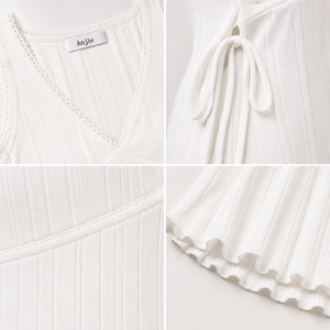 Vestido Mini de Punto Acanalado con Cuello en V y Lazos Laterales para Mujer, con Dobladillo Ondulado y Ribete de Encaje, de Alta Calidad, con Logotipo Personalizado OEM ODM, Fabricante, MOQ50 - Product Image 2