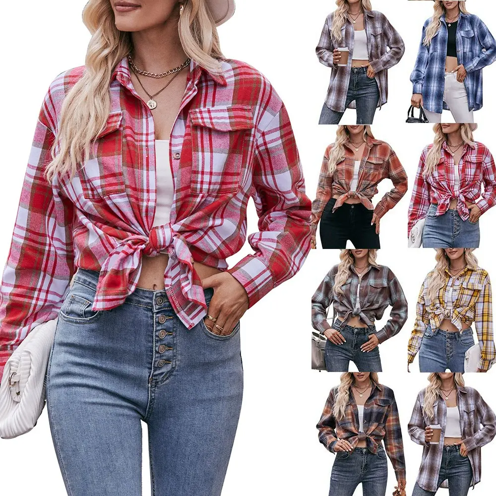 A478 Women Clothing Plaid Long Sleeve Fashion Women's Blouses & Tshirts Cotton Women Dress Casual Custom High Quality Autumn