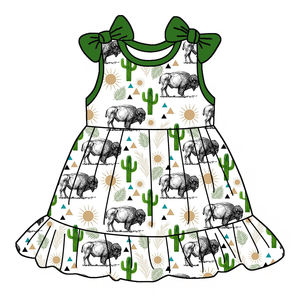 Vestido sin Mangas hasta la Rodilla de Tela de Bambú con Cuello Redondo, Venta Caliente, ODM, Boutique Dulce, Estampado Personalizado, Verano, Niñas, con Volantes, para Fiestas y Uso Diario - Product Image 3