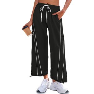 Pantalon large pour femme, taille élastique avec cordon de serrage, coupe courte avec poches, pantalon décontracté pour l'entraînement et la randonnée, tissu tricoté respirant - Product Image 1
