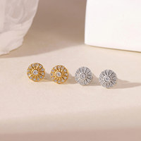 Anting-anting stud mode MYNECK Cute Jewelry berlapis emas 18k PVD, baja tahan karat anti-korosi, desain bunga kelopak lingkaran abadi dengan zircon.