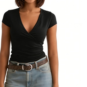 เสื้อคอวีแบบพันด้านหน้าสำหรับผู้หญิง - เสื้อยืดแขนสั้นทรงรัดรูปแฟชั่น - Product Image 3