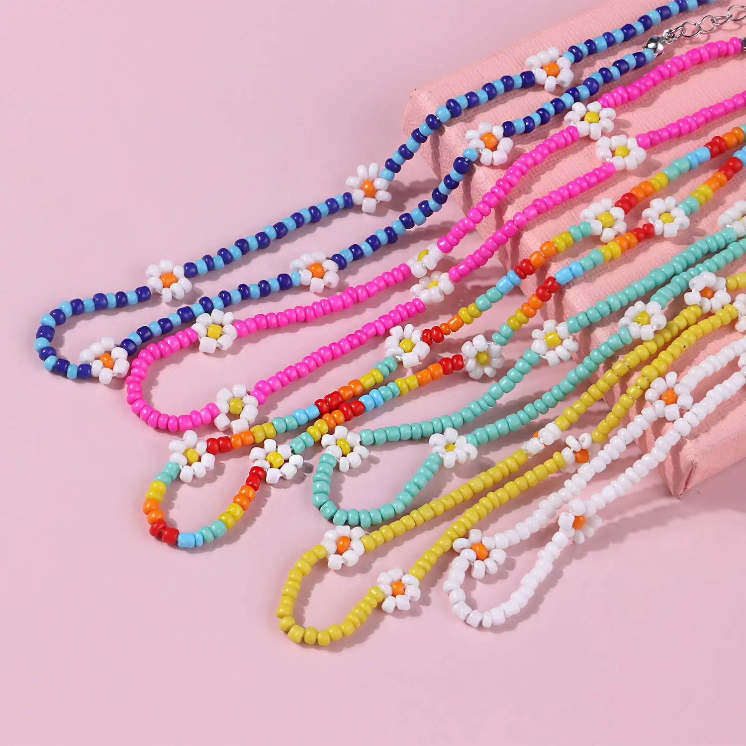 Perle de riz en verre boho coloré fait à la main, perle de fleur de marguerite, chaîne de perles, collier, bijoux pour femmes