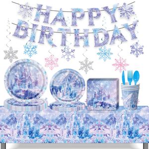 Nuevos Artículos Desechables para Fiestas con Temática de <span class=keywords><strong>Castillo</strong></span> de Hielo y Nieve, Accesorios para Festivales, Vajilla de Cumpleaños, Platos de Papel, Servilletas, Mantel, Pancarta, Decoración - Product Image 1