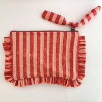 OEM Maßgefertigte Rot Gestreifte Rüschen-Organizer-Tasche Vintage Fransen Make-up-Beutel Niedliche Baumwoll-Handgelenktasche Kosmetiktasche für Frauen