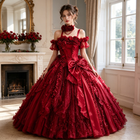 Gaun Pengantin Gothic Lolita Wanita Model Off Shoulder Motif Mawar, Gaun Merah Vintage Panjang Menyentuh Lantai untuk Pesta Prom