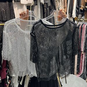 LM <span class=keywords><strong>R907</strong></span> Haut court en résille à strass pour femme, col rond, transparent, brillant, chemisier en maille ajourée, idéal pour club ou plage - Product Image 2