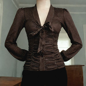 Vintage polka dot pleated button-front lace-up bow <b>tie</b> V-<b>neck</b> long-sleeved shirt a versatile and slim-fitting top - Product Image 3