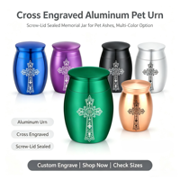 Urna Conmemorativa para Mascotas Grabada, Urna de Recuerdo de Aleación de Aluminio con Tapa Sellada, Contenedor para Cenizas de Perros y Gatos, Diseño Religioso con Cruz