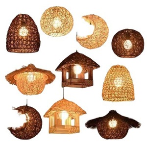 Rustic Bamboo Rattan LED Pendant <b>Light</b> Round E27 Single Head Chandelier For Home Living Room <b>Dining</b> Room - Product Image 3