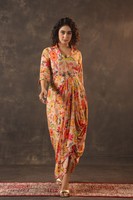 Robe drapée à imprimé floral, robe maxi élégante indo-occidentale, tenue de créateur, tenue chic, style ethnique contemporain