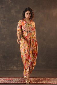Robe drapée à imprimé floral, robe maxi élégante indo-occidentale, tenue de créateur, tenue chic, style ethnique contemporain - Product Image 3