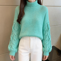 Pull en maille à col roulé pour femme, vert menthe uni, tricot torsadé, manches lanternes, épaules tombantes, bordure côtelée, style décontracté