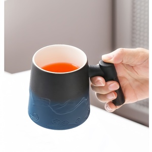 Tasse à thé à manche en bois mat de haute qualité avec infuseur et couvercle tasse infuseur à thé en céramique avec relief texturé <span class=keywords><strong>noir</strong></span> bleu - Product Image 5