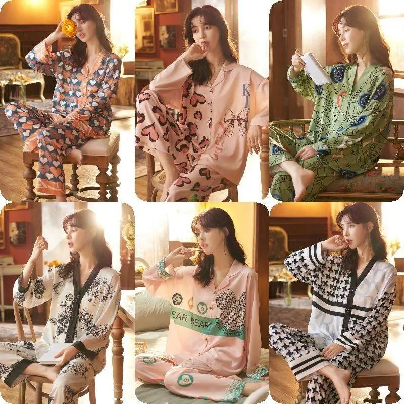 Fabriek Groothandel Dames Zijden Pyjama Elegante Rozenprint Revers Lange Mouw Nachtjapon Satijnen Nachtkleding Dames