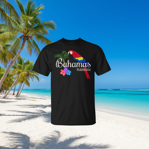 T-shirt unisexe pour adultes à manches courtes et col rond avec impression numérique, thème perroquet tropical des Bahamas Nassau, pour promotion - Product Image 3
