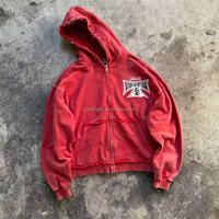Sudadera con capucha roja lavada con cremallera y logotipo personalizado, fabricante OEM ODM de marca privada, estilo vintage desgastado, de gran gramaje, proveedor mayorista