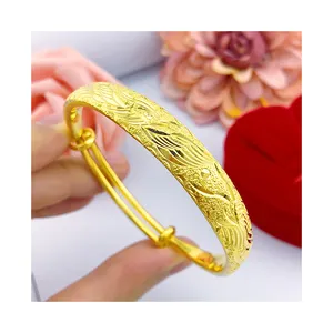 Dragon Phoenix 10N Boutique Gold Plated Push-Pull Female Bracelet Big Wedding Bangles Party Engagement Wholesale Supply Gift