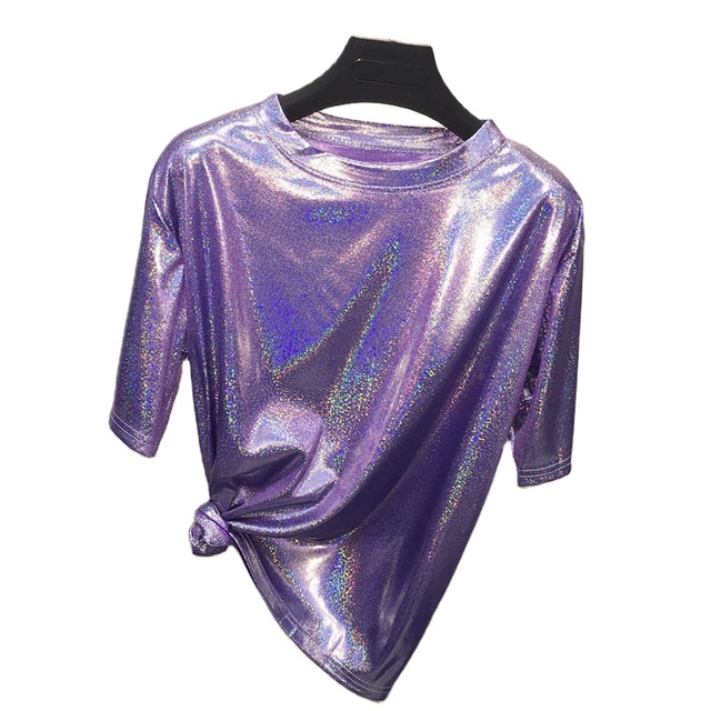 Summer Outfit for Women Sequin T-Shirt Short Sleeve Mid-Length Sparkly Top Casual Breathable