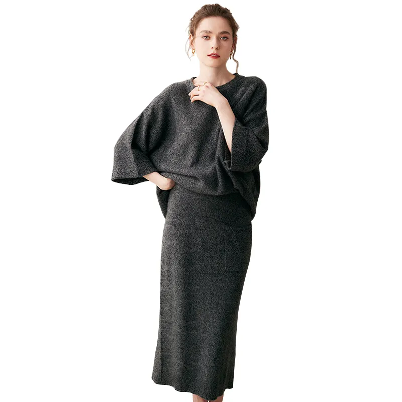 Completo da donna lavorato a maglia in lana Cashmere Pullover gonna lunga 2 pezzi Set maglione in cashmere da donna