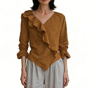 Women's Ruffled V-Neck Linen Blouse - Long Sleeve Asymmetrical Hem <b>Top</b> Shirt Fashion - Product Image 1