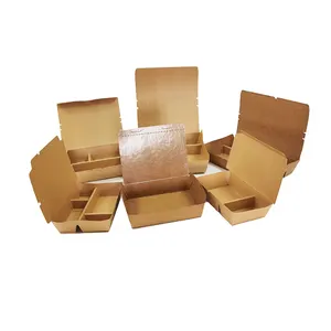 Single One Take Away Food Container Kraft Paper Disposable Bento Lunch Box Compartment Packaging With Lid Divider