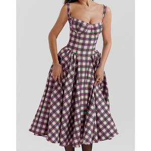 Venta al por mayor personalizado francés Plaid Sexy Premium vestidos de verano Sling Plaid Big Swing vestidos estilo corte vestidos casuales de las mujeres - Product Image 3