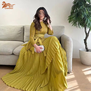 Setelan Blus dan Rok Panjang Lipit dengan Potongan Tidak Beraturan Berkualitas Tinggi, Gaun Pesta Warna Solid Elegan untuk Wanita Muslim Dubai dengan Sabuk - Product Image 3