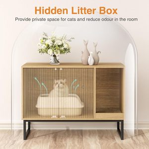 Armario para gatos cerrado moderno, caja de arena oculta para gatos estriada, muebles con almohadilla para rascar, patas de metal, camas para mascotas - Product Image 2