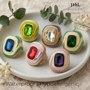 Anillos de Acero Inoxidable 316L al por Mayor, Chapados en <span class=keywords><strong>Oro</strong></span> PVD de 18K, con Banda de Esmalte Colorido y Gran Gema, Joyería de Moda para Mujer - Product Image 3