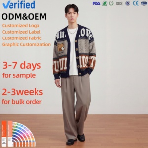Nouveau <span class=keywords><strong>Cardigan</strong></span> <span class=keywords><strong>Homme</strong></span> 2026 Style <span class=keywords><strong>Vintage</strong></span> Broderie Lettres, <span class=keywords><strong>Cardigan</strong></span> Tendance Streetwear avec Logo Personnalisé OEM, Pull <span class=keywords><strong>Homme</strong></span> - Product Image 1