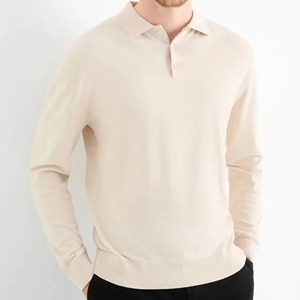 เสื้อโปโลแขนยาวผู้ชาย ทำจากผ้าขนแกะเมอริโน ถักแบบละเอียด สีครีม - Product Image 1